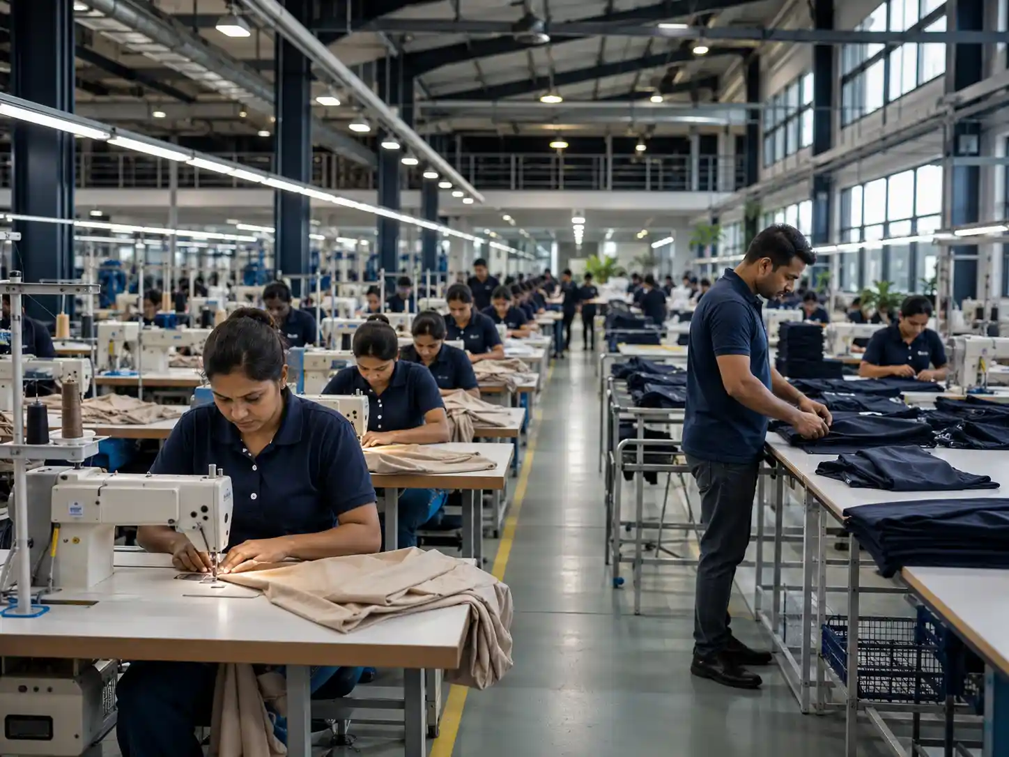 Garment manufacturing floor with organised sewing and production stages