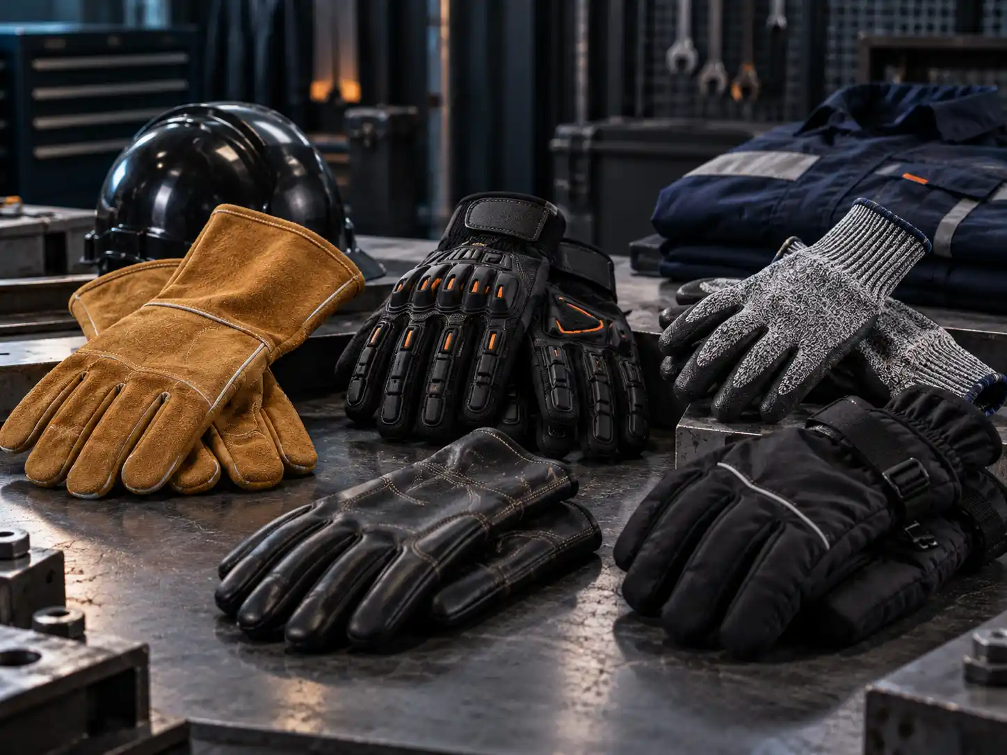 Assortment of industrial work gloves showing leather, coated and reinforced constructions for manufacturing programmes